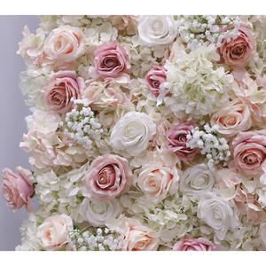 Mur de fleurs artificielles pour mariage, toile de fond 3D 8ft x 8ft, panneau enroulable, roses en tissu blanc et gypsophile rose - Product Image 4