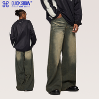 QUICKSHOW Vente en gros personnalisée Jeans en denim coupe droite délavé effet monkey, coupe ample empilée, style urbain automne pour hommes