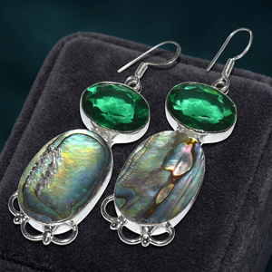 Bohemian Drop Earrings With Emerald Cut Green Stone And <b>Abalone</b> <b>Shell</b> In Silver Plated Setting For Women Party Jewelry - Product Image 3