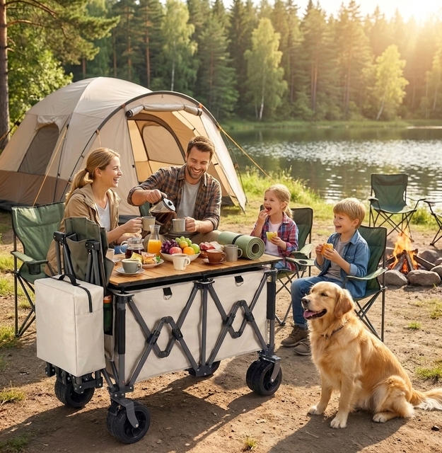 Custom Double Decker Folding Camping Wagon Cart with Canopy All-Terrain Heavy Duty Outdoor Utility Cart with Removable Table Top