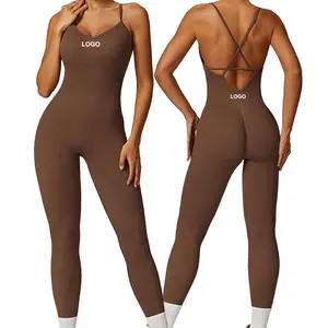 CLT7499 Women Seamless Sexy V Neck Back Hollow Out Padded Jumpsuit One Piece Bodysuit Workout Running Yoga Dancing Outfit