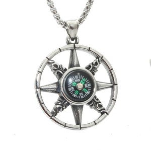 Collier boussole en acier inoxydable avec pendentif étoile, bijou unisexe tendance, accessoire de chaîne - Product Image 4
