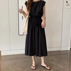 Abito lungo casual senza maniche con coulisse in vita a trapezio da donna, tinta unita, estivo, per vacanze, vestito midi da donna, vestibilità ampia, all'ingrosso - Product Image 2