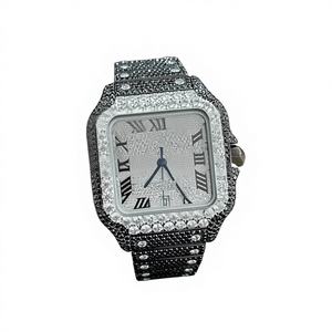 Luxury Designer Square Dial Glass Moissanite Iced Out Stainless Steel <b>Watch</b> with 10 Bar Water Resistance <b>Bracelet</b> Clasp for <b>Men</b> - Product Image 1