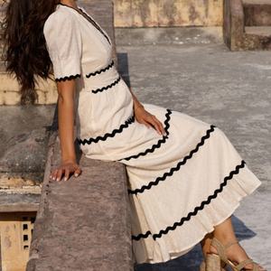 Vestido de Lino y Algodón Personalizable, Elegante, Cuello en V, Casual, Corte en A, Manga Corta, Midi, para Mujer, Verano - Product Image 4