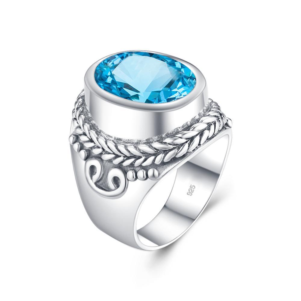 Bague En Argent Sterling 925 Avec Topaze Bleue Cabochon - Taille 6.5, Fait Main (Neuf)
