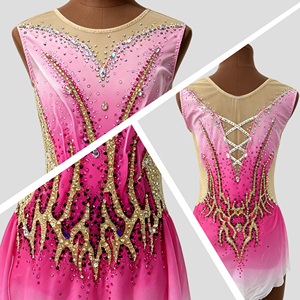 Maillot de Gimnasia Artística Degradado Rosa con Malla en el Cuello, Vestido de Patinaje Artístico con Pedrería, Traje de Actuación sin Mangas - Product Image 2