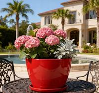 Pot de fleurs en plastique PP rouge brillant avec soucoupe, durable, léger, personnalisation des couleurs, trous de drainage pour la maison et le jardin