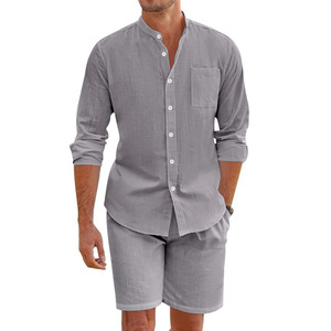 Conjunto de Dos Piezas de Verano para <span class=keywords><strong>Hombre</strong></span>, Personalizado OEM, Camisa de Lino con Botones, Pantalones Cortos de Manga Larga, Cárdigan, Atuendo Casual de Playa - Product Image 3
