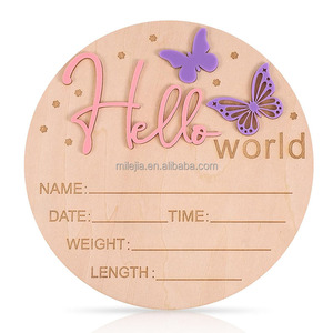 Plaque d'annonce en <span class=keywords><strong>bois</strong></span> pour bébé Carte d'annonce en <span class=keywords><strong>bois</strong></span> pour nouveau-né Signe Hello World personnalisé - Product Image 3