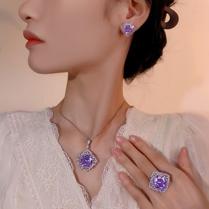 New Arrival Eco-friendly Copper 16-10mm Violet Floral Zircon Pendant <b>Earrings</b> Ring Jewelry Sets for Trendy Contemporary Style - Product Image 6