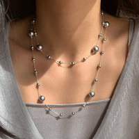 Collier long à perles, argent sterling 925, double rangée de perles, élégant, collier à perles, bijoux de mariage pour femmes