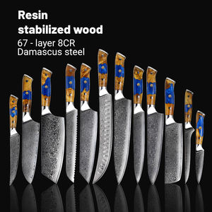 Ensemble de 12 couteaux de chef jetables professionnels pour droitiers, lame en acier Damas, manche en bois stabilisé à la résine bleue - Product Image 2