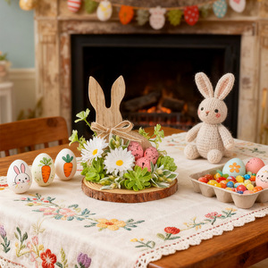 DAMAI Naturalistic Easter Wooden Rabbit Figurine with Faux Eggs Rustic Spring Home & Holiday Table Decor Accessory for Easter - Product Image 1
