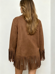 Women Fringe <b>Jacket</b> Lapel Collar Open Front 3/4 Sleeve <b>Western</b> Style Loose Ladies Casual Outer Coat - Product Image 3