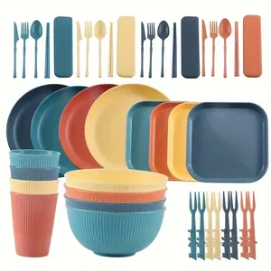 Wheat Straw Dinnerware Set Dinner Plates Dessert Plate CereaBowls Cup Unbreakable Reusable Plastic Outdoor Camping Tableware