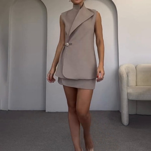 Solid Color Lapel Sleeveless Vest Slim Women's A-line <b>Skirt</b> 2 Piece Set Fashion - Product Image 1