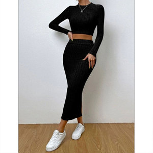 Completo da donna primaverile alla moda, morbido e confortevole, in <span class=keywords><strong>maglia</strong></span> a costine, due pezzi, con scollo rotondo, maniche lunghe, <span class=keywords><strong>vestito</strong></span> aderente, elegante <span class=keywords><strong>outfit</strong></span>. - Product Image 2