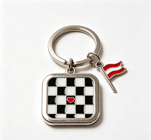 Porte-clés en alliage de zinc avec logo personnalisé, émail noir et blanc à carreaux, avec pendentif drapeau pour cadeaux - Product Image 1