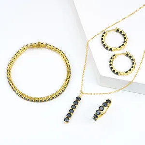 Bijoux fins personnalisés 925 argent vvs noir moissanite diamant tennis boucle d'oreille chaîne bracelet et pendentif collier ensemble pour femmes