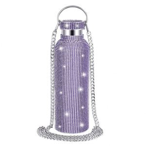 Botella de agua con aislamiento al vacío de acero inoxidable de doble capa con incrustaciones de diamantes de 17 oz/500 ml, con cadena. - Product Image 3