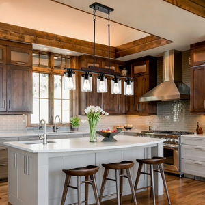 [Core Product Name] Linear Pendant <b>Light</b> 5 Heads Black Wooden Rectangular Adjustable Height For <b>Kitchen</b> Island Dining Room - Product Image 2