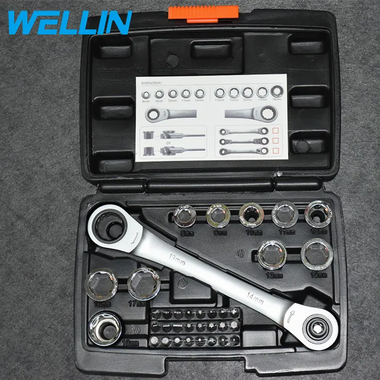 20Set Professional Auto Repairing Chrome Vanadium 8-18mm Combination Socket Spanner Ratchet Wrench Set