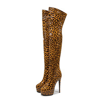 Bottes hautes pour femmes, effet léopard brillant, plateforme, talon aiguille rond, extensibles, au-dessus du genou, avec fermeture éclair latérale, pour club et scène