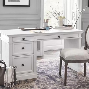 French Country <b>Solid</b> Oak Writing <b>Desk</b> Weathered Finish Traditional Home Office Pedestal <b>Desk</b> With 5 Storage Drawers - Product Image 3