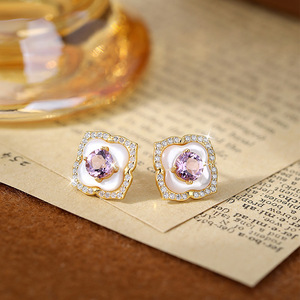 Boucles d'oreilles clous trèfle à quatre feuilles en nacre fine 925, pierre naturelle taillée 5 mm, argent plaqué or, bijoux tendance, cadeau - Product Image 5