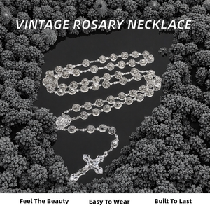 Collier chapelet vintage KOMI en plastique et alliage de zinc, perles argentées, avec pendentif croix crucifix Saint Graal pour femme - Product Image 2