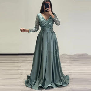 カスタムメイド Vネック ロングイブニングドレス フォーマルパーティードレス グリッターサテン 長袖 プロムドレス - Product Image 4