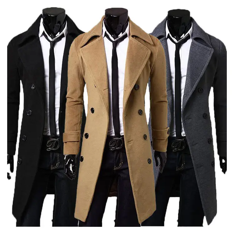 Fashion Casual Woolen Jacket Turn Collar Long Mens Overcoats Business Wool Trench Coats Men