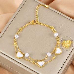 Bracelet tendance en acier inoxydable électroplaqué avec perles, double couche, nœud et coquillage, double face, motif cœur, cadeau pour femme - Product Image 3