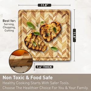 Planche à découper en teck pour cuisine (petite) – Planche <span class=keywords><strong>de</strong></span> boucher en chevrons avec rainure pour jus et fosse d'angle, planche à charcuterie - Product Image 2