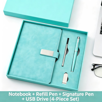 Ensemble de 4 pièces bleu turquoise : Carnet A5 personnalisé avec logo, stylo, recharge et clé USB
