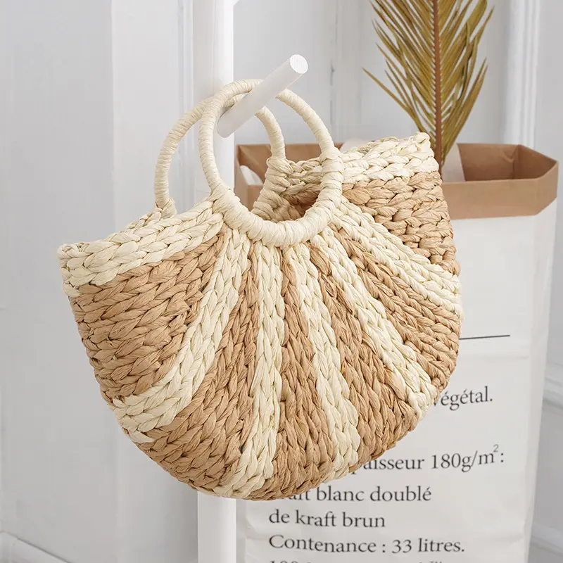 Bolsa de ganchillo personalizada, bolso tejido de paja hecho a mano, cuerda de algodón, para playa y vacaciones