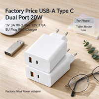 Pengisi Daya Dinding USB-A Tipe C Dual Port 20W 5V 3A 9V 2.25A 12V 1.8A Kualitas Stabil dengan Colokan EU untuk Ponsel, Kamera, Speaker, Pengisi Daya Cepat