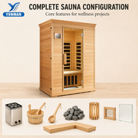 Salle de sauna traditionnelle pour la maison, sauna sec, design en forme de L avec double banc, éclairage LED, alimentation USB/prise électrique