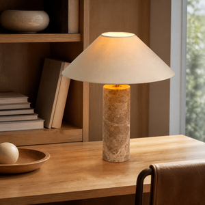 Lampada da Tavolo a Colonna in Marmo Grigio con Ampia Paralume in Tessuto Affusolato per Camera da Letto, Comodino, Soggiorno e Progetti Alberghieri - Product Image 6