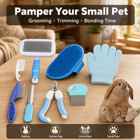Kit de toilettage simple en acier inoxydable pour petits animaux, 8 en 1 : Brosse démêlante, Gant de massage, Coupe-ongles sécurisé pour lapins et cochons d'Inde
