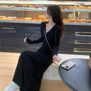 Hooded Long Dress Black Elastic Waist Zipper Solid Color Casual Daily Wear Women's Plus Size Sweatshirt Dress - Product Image 3
