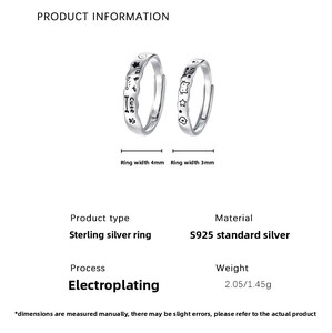 Bagues de couple en argent sterling S925, motif chat et chien de dessin animé, bords ondulés mignons, bagues assorties avec alphabet, bijoux en gros - Product Image 6