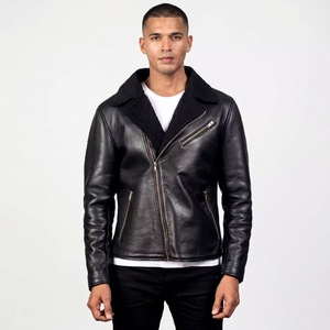 Mens Genuine Leather Shearling Biker <b>Jacket</b> Black Asymmetrical Moto <b>Jacket</b> Winter Warm Fur Collar Leather Coat - Product Image 1