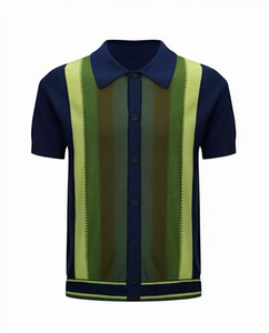 Camisa de Verano para Hombre, de Punto a Rayas, Manga Corta, con Botones, Estilo Vintage, Informal de Negocios, Lavable, de Algodón Transpirable, con Logotipo en la Parte Posterior del Cuello, 180g, para Uso Diario - Product Image 1