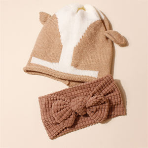 2 개 신생아 아기 니트 동물 귀 모자와 질감 활 머리띠 세트 귀여운 유아 모자 키즈 헤어 액세서리 도매 - Product Image 3