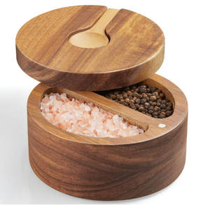 Boîte à sel en bois d'acacia à 2 compartiments multifonctionnelle et écologique de haute qualité avec couvercle et cuillère allant au lave-vaisselle fait à la main - Product Image 1