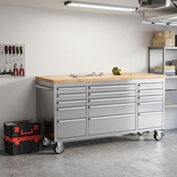 Coffre à outils roulant en acier inoxydable robuste de 72 pouces OEM/OBM avec dessus en bois, 15 tiroirs, finition enduite d'époxy, capacité de charge de 800 kg