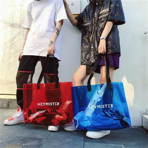 Fashion Custom Colorful Transparent Holographic Iridescent PVC Promotional Gift Shopping Unisex Shoulder Tote Bag PP Webbing