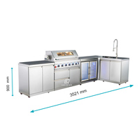 Îlot de cuisine extérieur noir avec barbecue à gaz 8 brûleurs, évier, réfrigérateur, station BBQ autoportante en acier inoxydable pour jardin